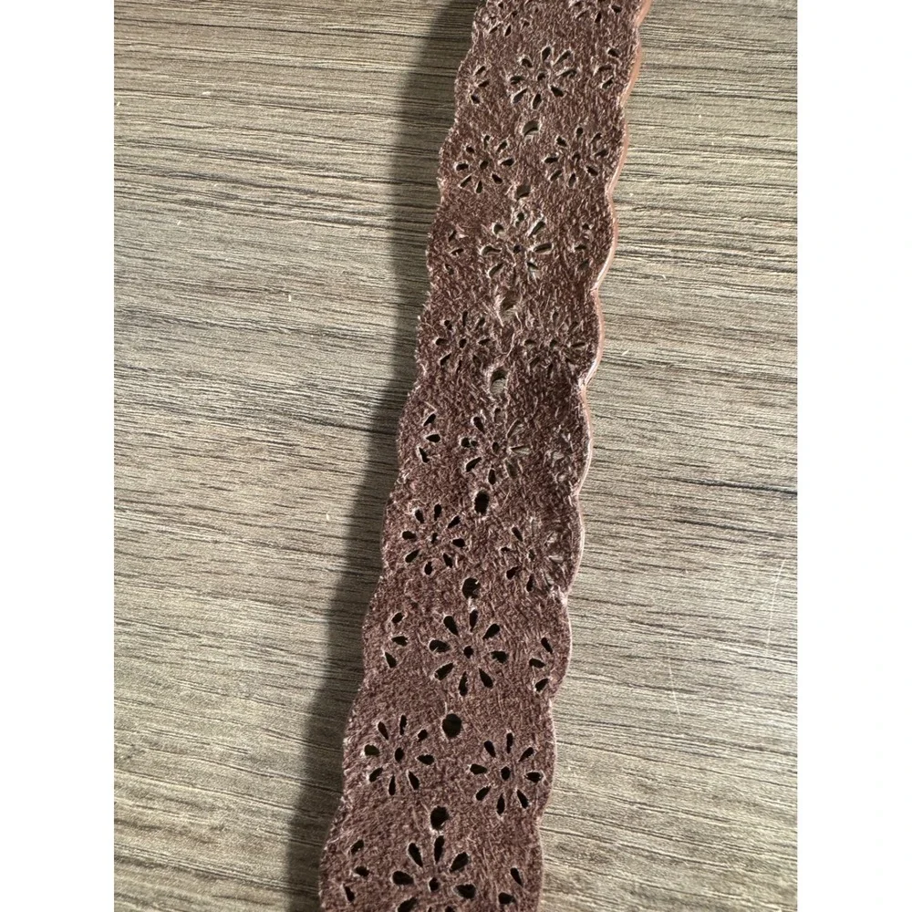 Cognac Brown Scalloped Floral Cutout Belt Silver Buckle 2XL Leather Lining
